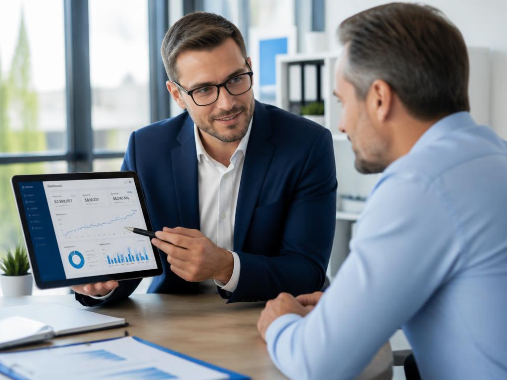 Consultor apresentando painel financeiro a um empresário